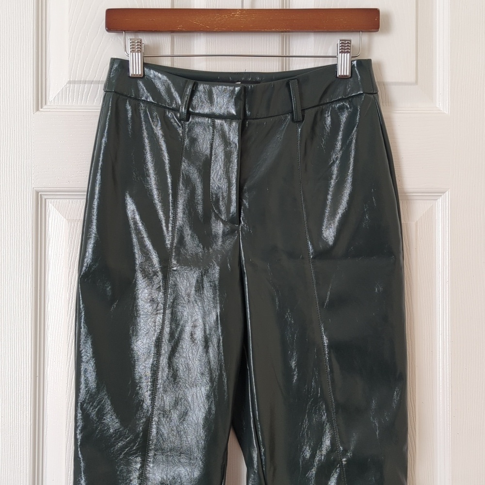 7 For All Mankind Faux Patent Leather Slim Cropped Kick Flare Pants Emerald S - Picture 2 of 14